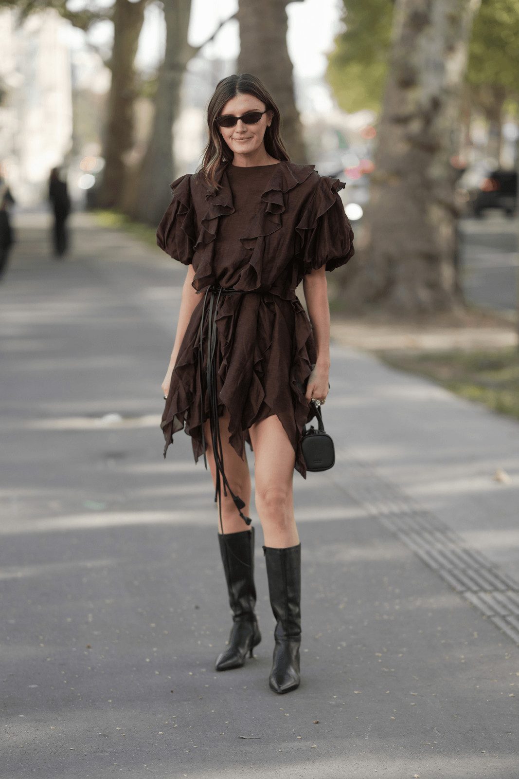 Brown Ruffled Mini Dress Outfit Idea Brown Ruffled Mini Dress Outfit Idea — Dress 2027 with Knee High Boots Outfit