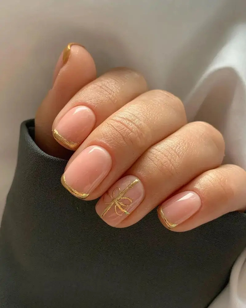 Gold Ribbon French Short Square Nails Gold Ribbon French Short Square Nails — Gold Nails 2027