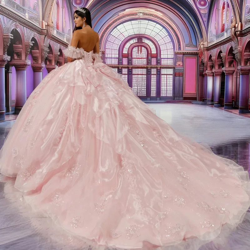 Pale Pink Ballgown with Ruffled Sleeves and Train Pale Pink Ballgown with Ruffled Sleeves and Train — Sweet 16 Dresses 2027