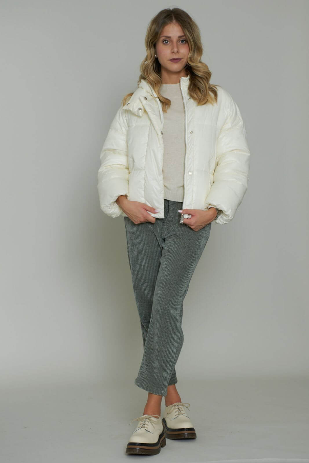 Neutral Tones: Cream Puffer with Corduroy and Loafers Neutral Tones: Cream Puffer with Corduroy and Loafers — Cropped Puffer Outfits 2027