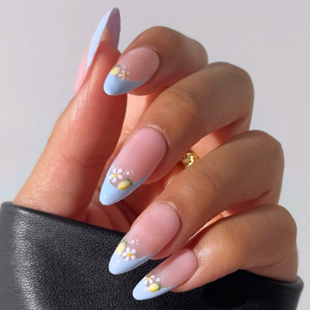 Lemon Flower Light Blue French Almonds Lemon Flower Light Blue French Almonds — Press On Nails 2027