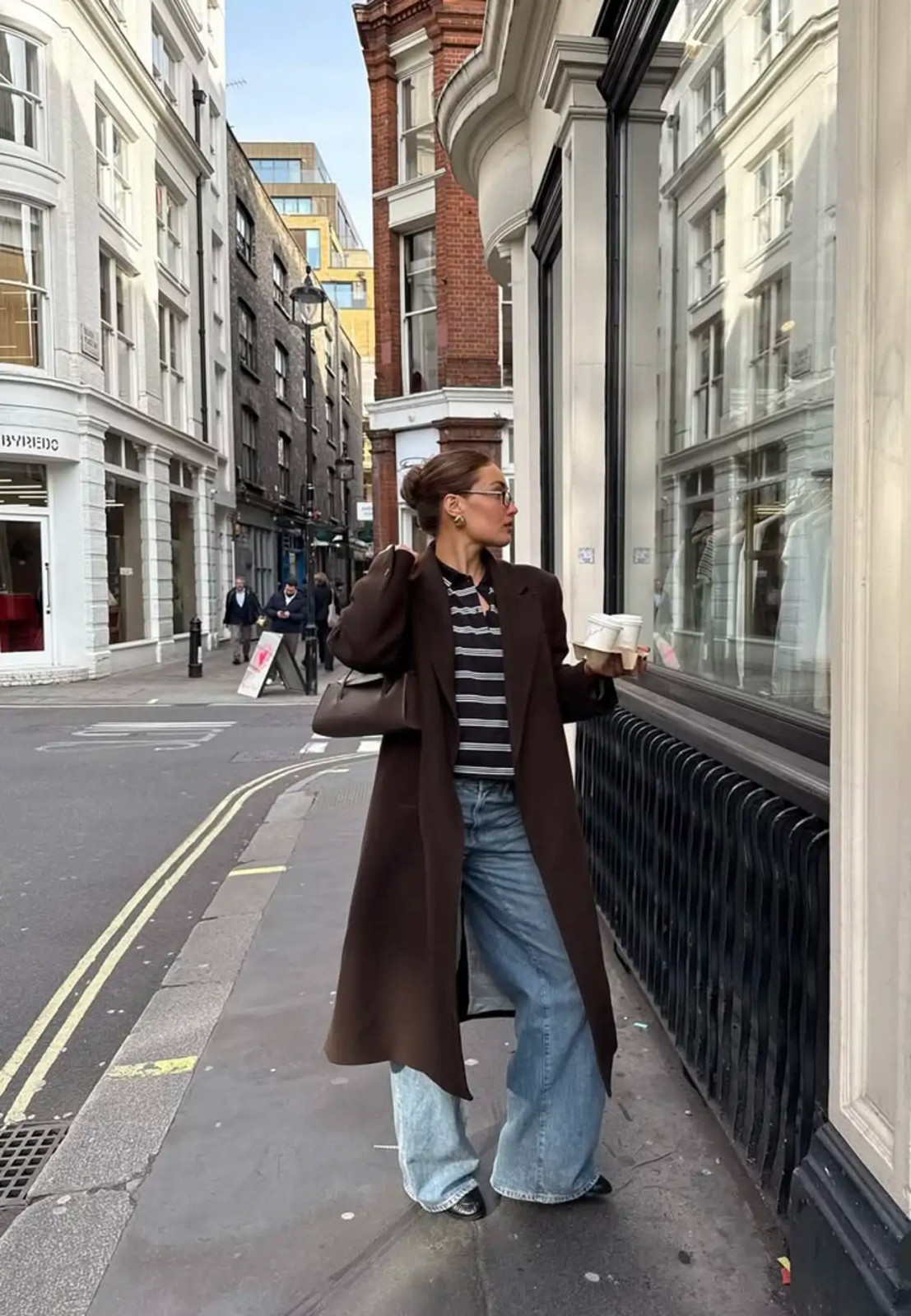 Brown Long Coat Striped Long-Sleeve Top Outfit Idea — Winter Everyday Outfits 2027