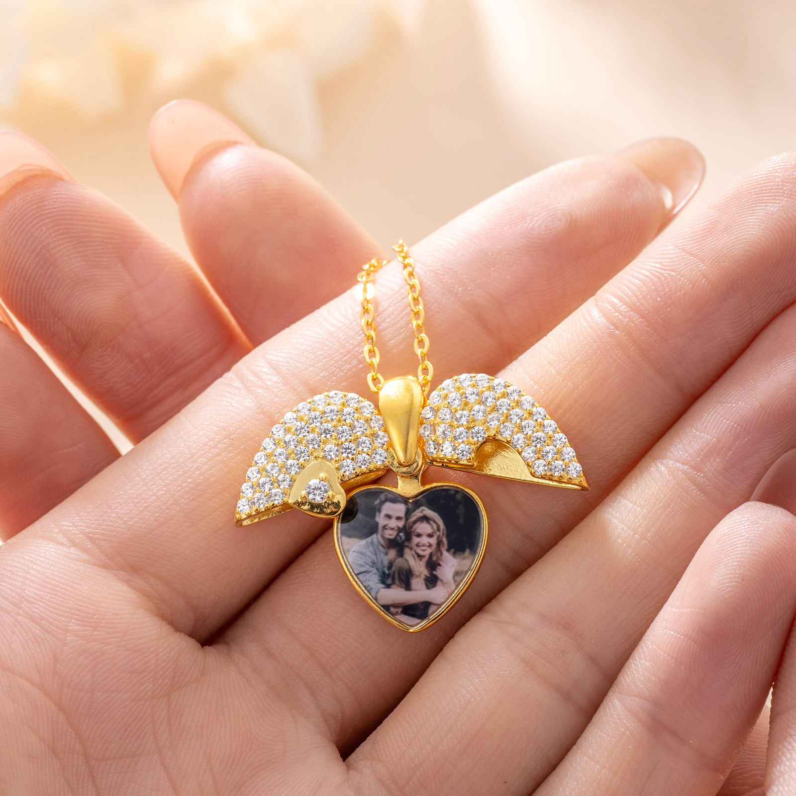 Cubic Zirconia Heart Locket Held in Hands on Gold Chain Cubic Zirconia Heart Locket Held in Hands on Gold Chain — Locket Necklaces 2027