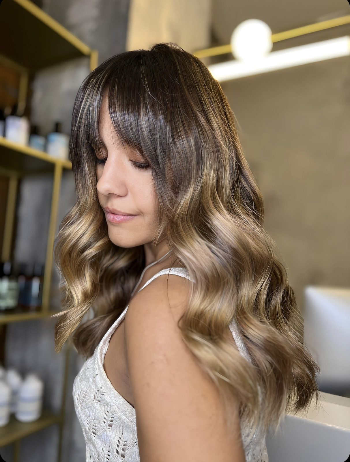 Layered Lob with Dark Balayage Bangs Layered Lob with Dark Balayage Bangs — Balayage Bangs 2027
