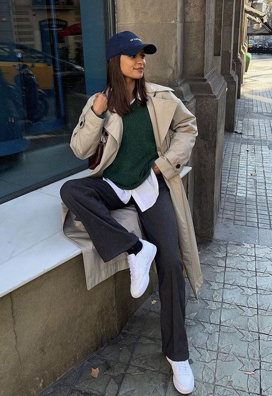 Layered Beige Trench Coat and Grey Trousers with White Sneakers Layered Beige Trench Coat and Grey Trousers with White Sneakers — White Sneakers Outfits 2027