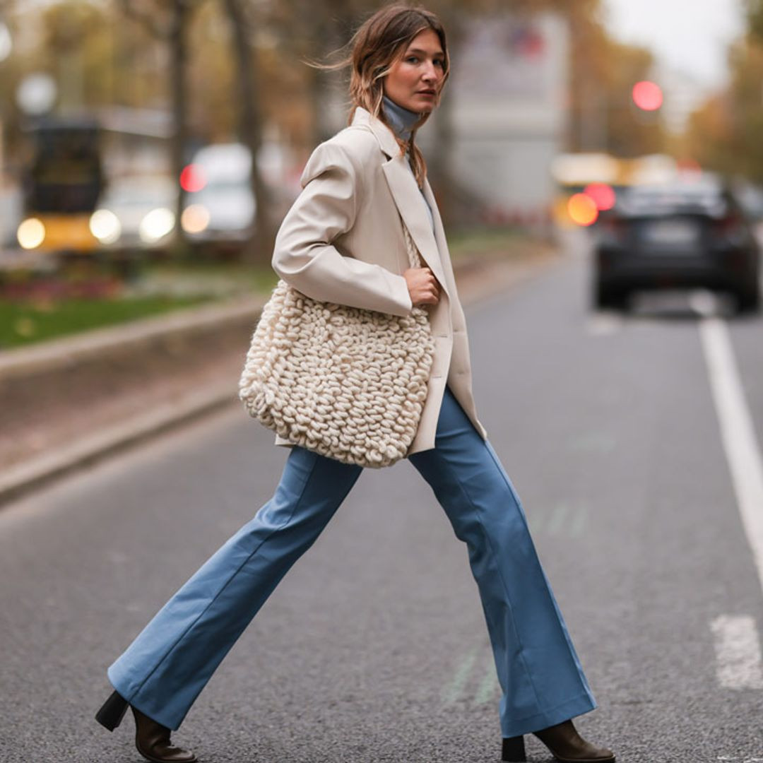 Monochromatic Comfort: Light Blue Flare Pants with Beige Blazer Monochromatic Comfort: Light Blue Flare Pants with Beige Blazer — Flare Leggings Outfits 2027