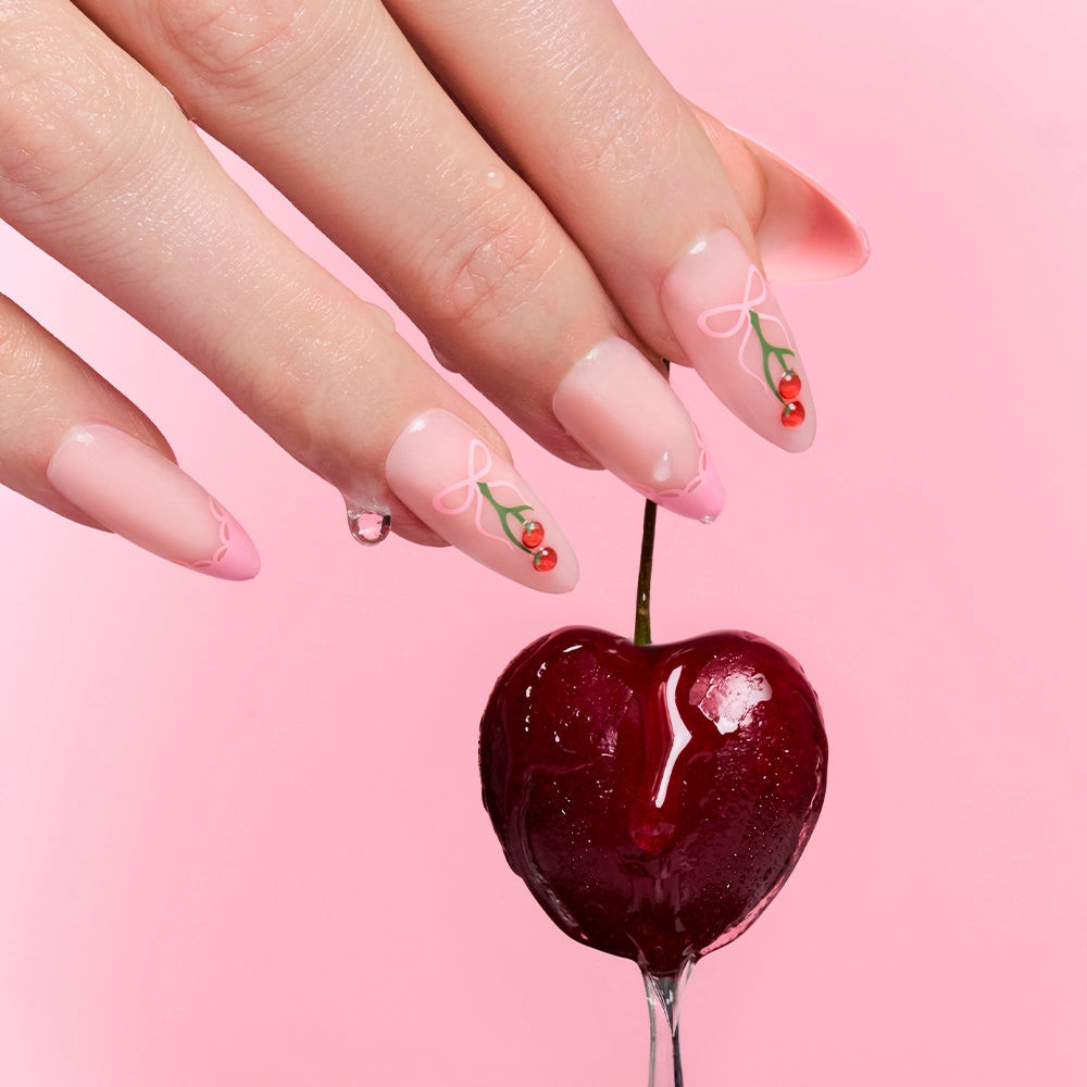 Glossy Sheer Pink Stilettos with Pink Bows and Cherries Glossy Sheer Pink Stilettos with Pink Bows and Cherries — Bow Stiletto Nails 2027