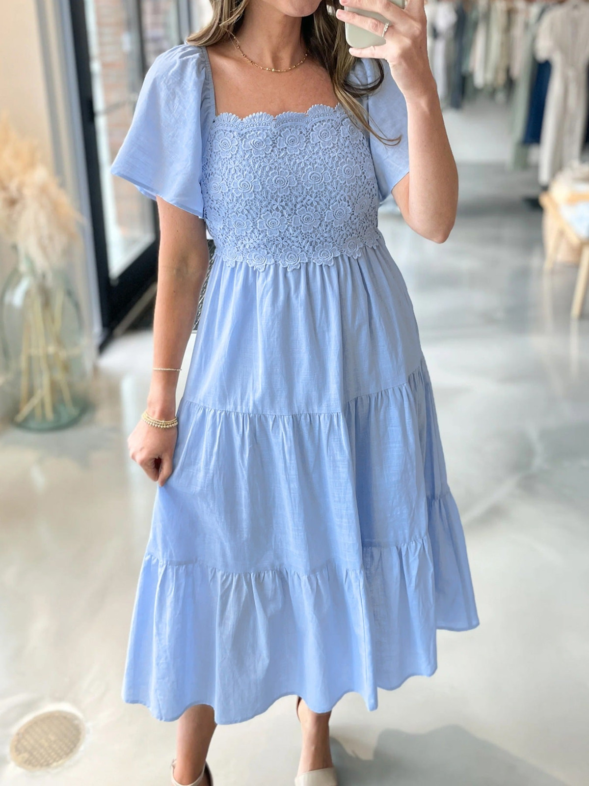 Light Blue Tiered Midi Dress with Smocked Bodice and Lace Detail Light Blue Tiered Midi Dress with Smocked Bodice and Lace Detail — Tiered Dresses 2027