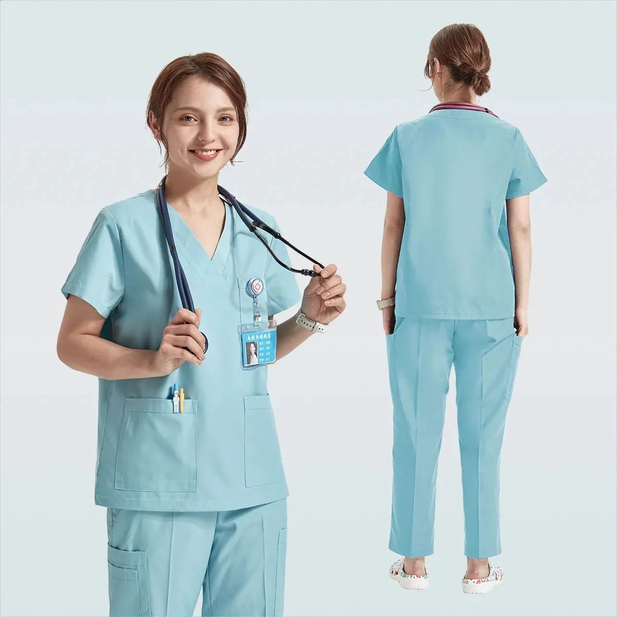 Light Blue Scrubs with Stethoscope and ID Badge — Nurse Outfits 2027