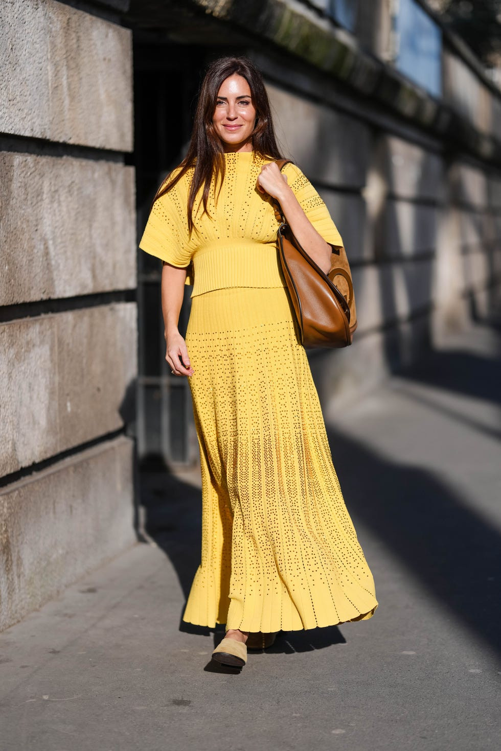 Yellow Eyelet Knit Set with Nude Mules and Tan Bag — French Girl Outfits 2027