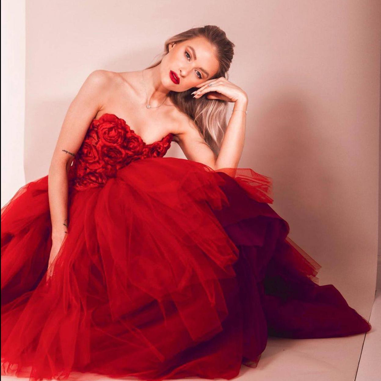 Strapless Red Gown with Floral Bodice and Layered Tulle Skirt Strapless Red Gown with Floral Bodice and Layered Tulle Skirt — Red Prom Dresses 2027