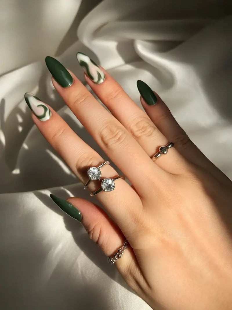 Olive Green with White Swirls Stiletto Nails Olive Green with White Swirls Stiletto Nails — Green Nails 2027