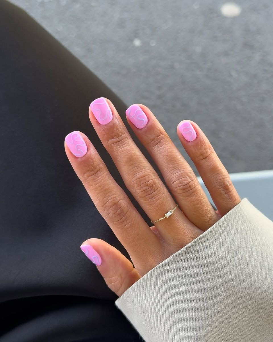 Bright Pink with Abstract Wavy Lines Bright Pink with Abstract Wavy Lines — Pink Summer Nails 2027