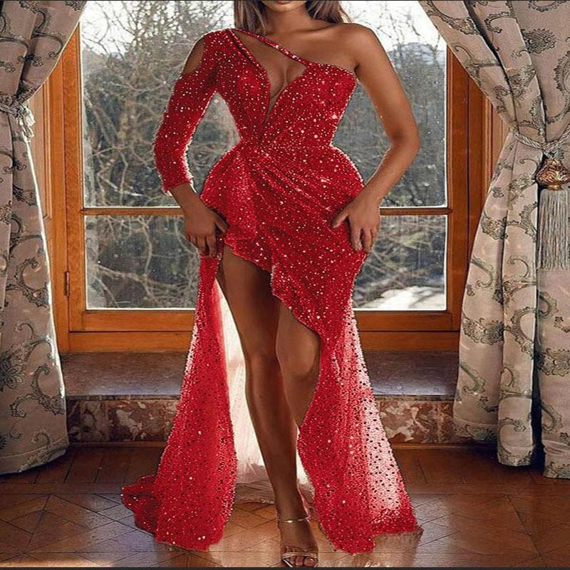 Show-Stopping Red Sequined One-Shoulder Dress with Plunging Neckline Show-Stopping Red Sequined One-Shoulder Dress with Plunging Neckline — Red Prom Dresses 2027