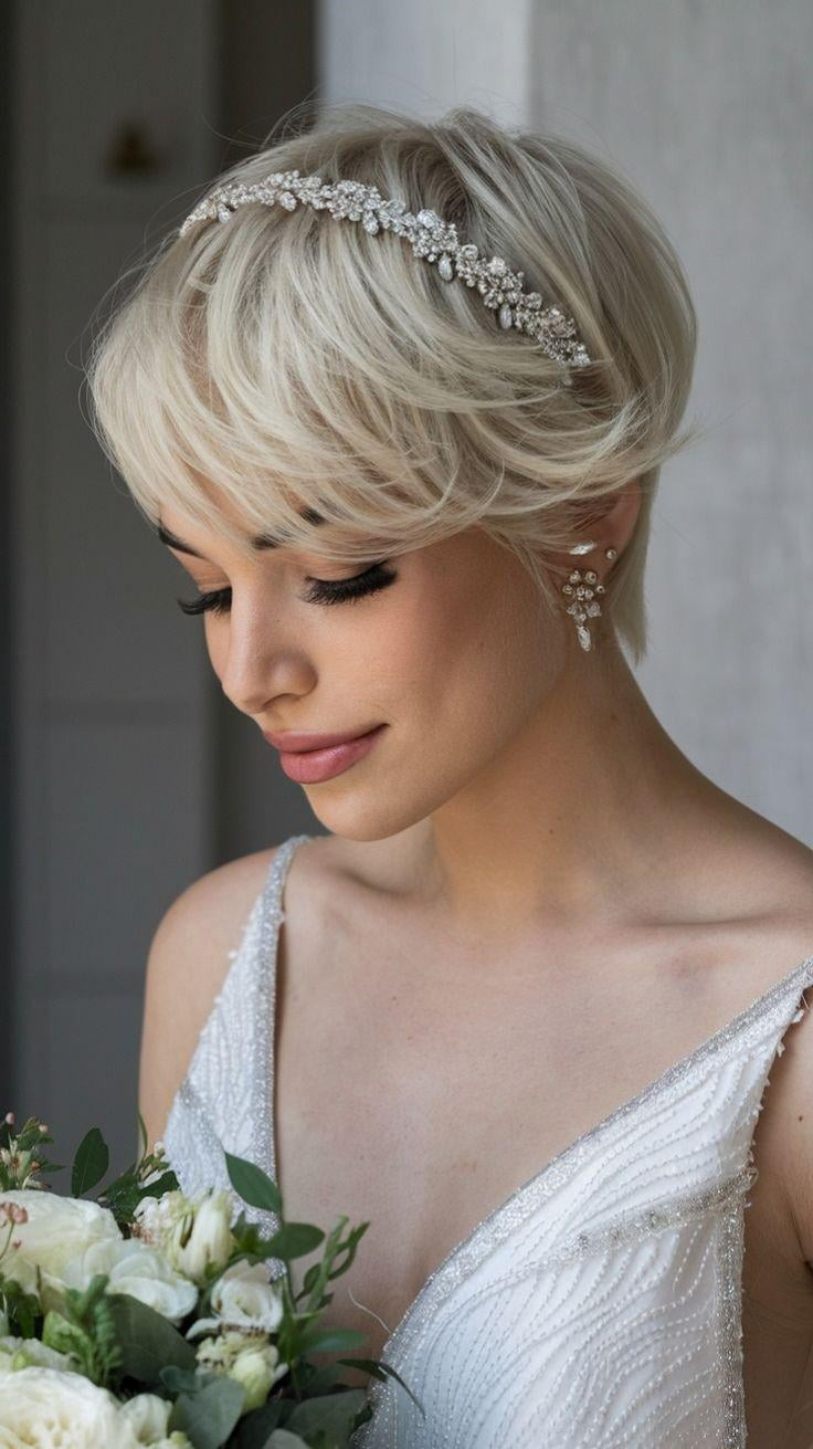 Platinum Pixie With Side-Swept Bangs Platinum Pixie With Side-Swept Bangs — Wedding Pixie 2027