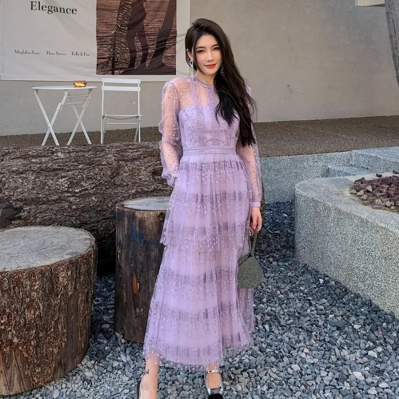 Lilac Lace Tiered Midi Dress with High Neckline Lilac Lace Tiered Midi Dress with High Neckline — Tiered Dresses 2027