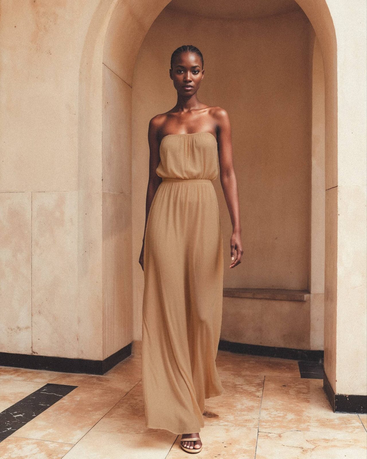 Flowing Beige Chiffon Strapless Maxi Dress for Casual Bachelorette Flowing Beige Chiffon Strapless Maxi Dress for Casual Bachelorette — Summer Bachelorette Outfits 2027