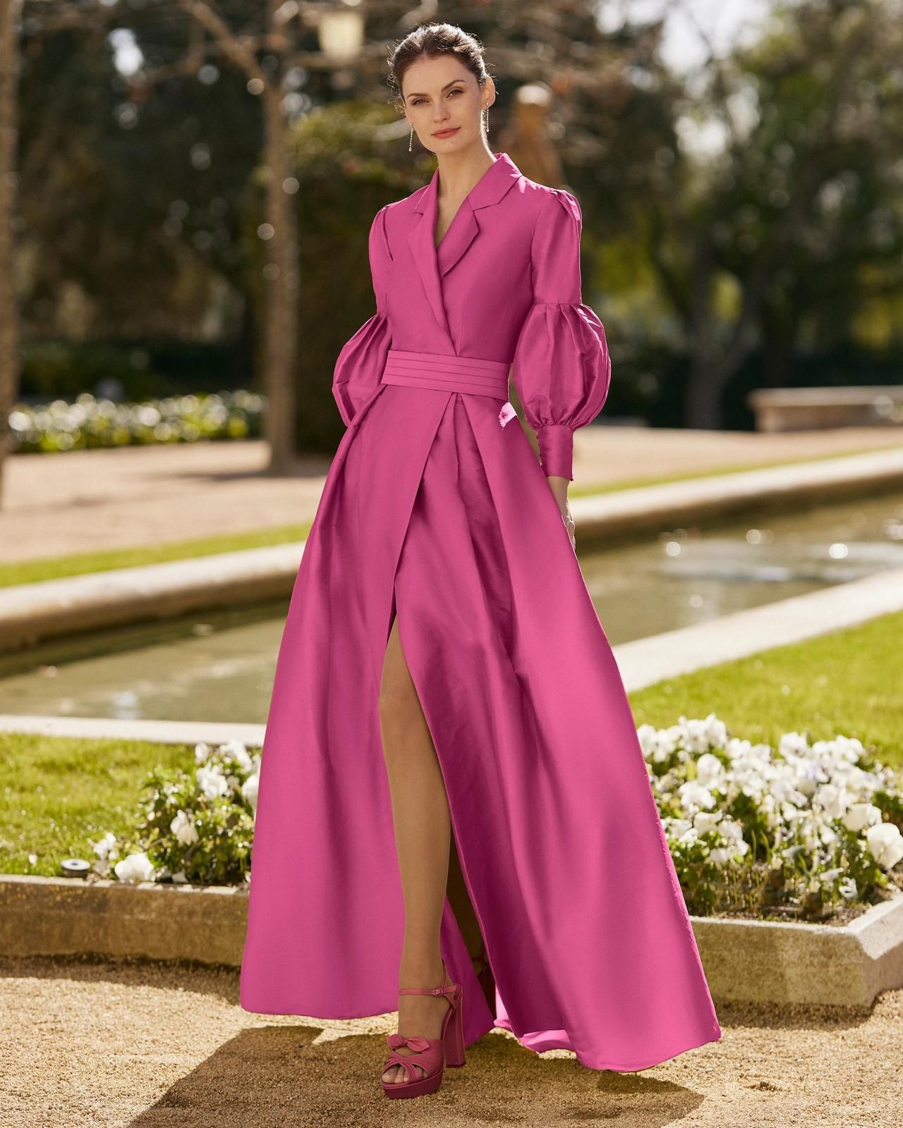 Fuchsia Satin Maxi Dress with Blazer Lapels and Puffed Sleeves Fuchsia Satin Maxi Dress with Blazer Lapels and Puffed Sleeves — Wedding Guest Outfits 2027