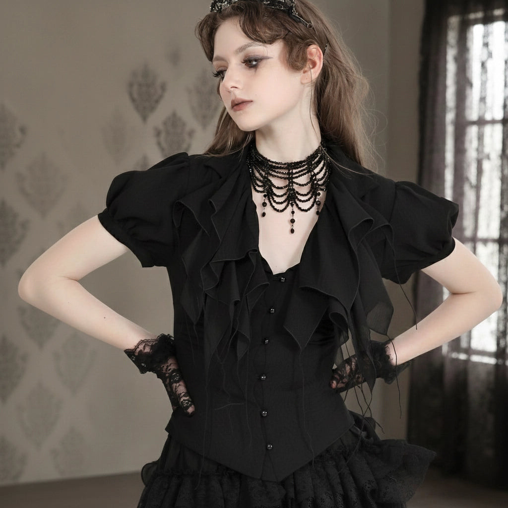 Ruffled Opulence: Puff-Sleeve Blouse with Corset and Beaded Necklace Ruffled Opulence: Puff-Sleeve Blouse with Corset and Beaded Necklace — Gothic Romantic Outfits 2027