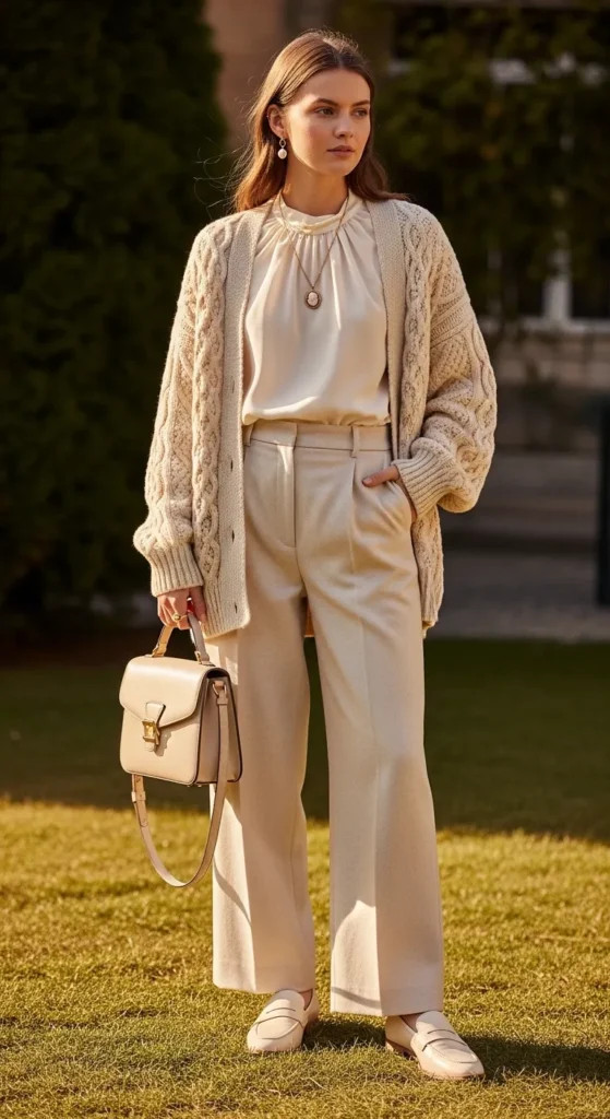 Cable-Knit Cardigan with Silk Blouse and Loafers Cable-Knit Cardigan with Silk Blouse and Loafers — Poetcore Outfits 2027