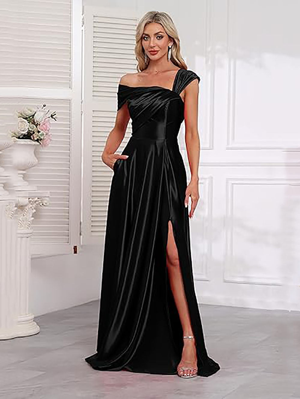 Black One-Shoulder Satin Gown with High Slit and Pocket — Satin Bridesmaid Dresses 2027