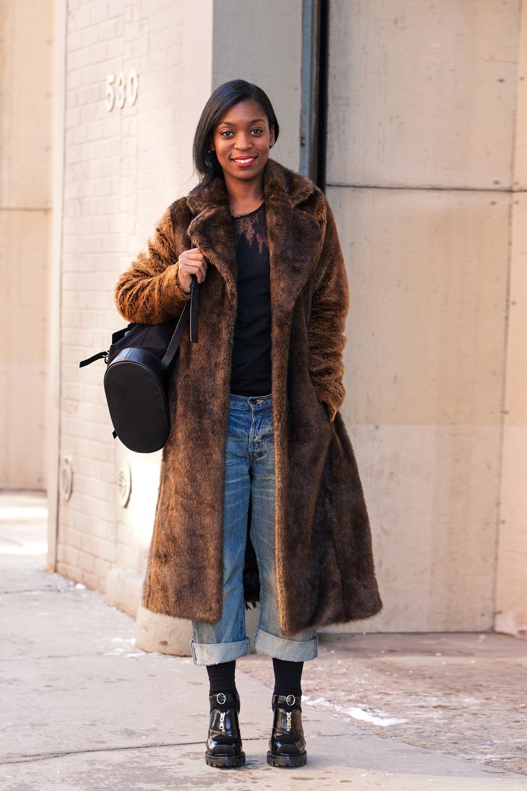 Longline Brown Fur Coat with Lace Top and Cuffed Jeans — Teddy Coat Outfits 2027