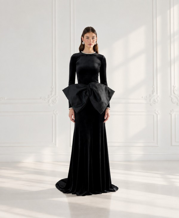 Black Velvet Gown with Long Sleeves and Oversized Bow — Formal Dresses 2027