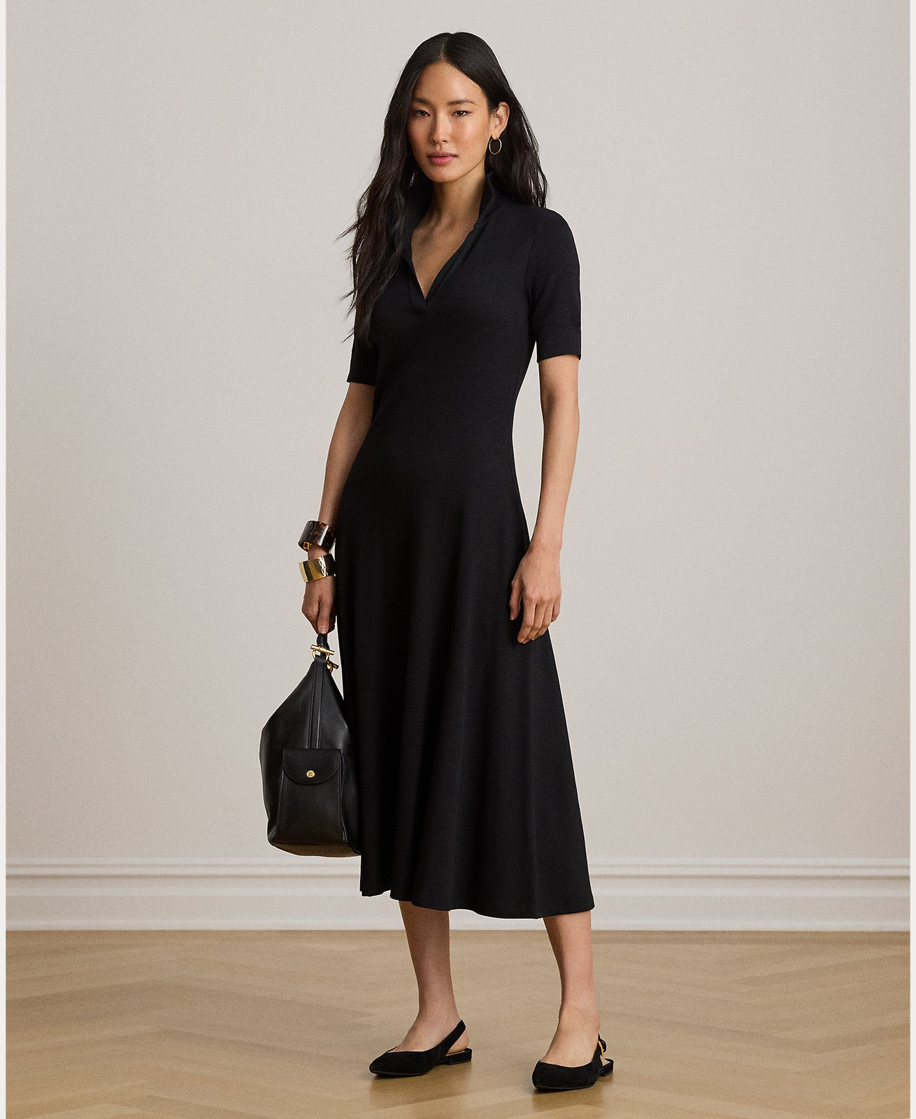 Black Polo Collar Midi Dress in Knitted Fabric Black Polo Collar Midi Dress in Knitted Fabric — Modest Dresses 2027