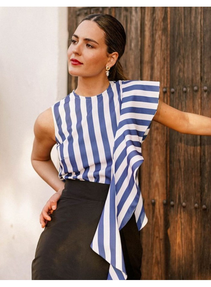 Striped Sleeveless Top with Asymmetrical Ruffle for Event Style Striped Sleeveless Top with Asymmetrical Ruffle for Event Style — Ruffle Top Outfits 2027