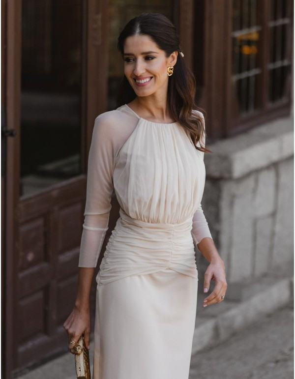 Ivory Crepe Dress with Ruched Bodice and Sheer Sleeves Ivory Crepe Dress with Ruched Bodice and Sheer Sleeves — Wedding Guest Outfits Cocktail 2027