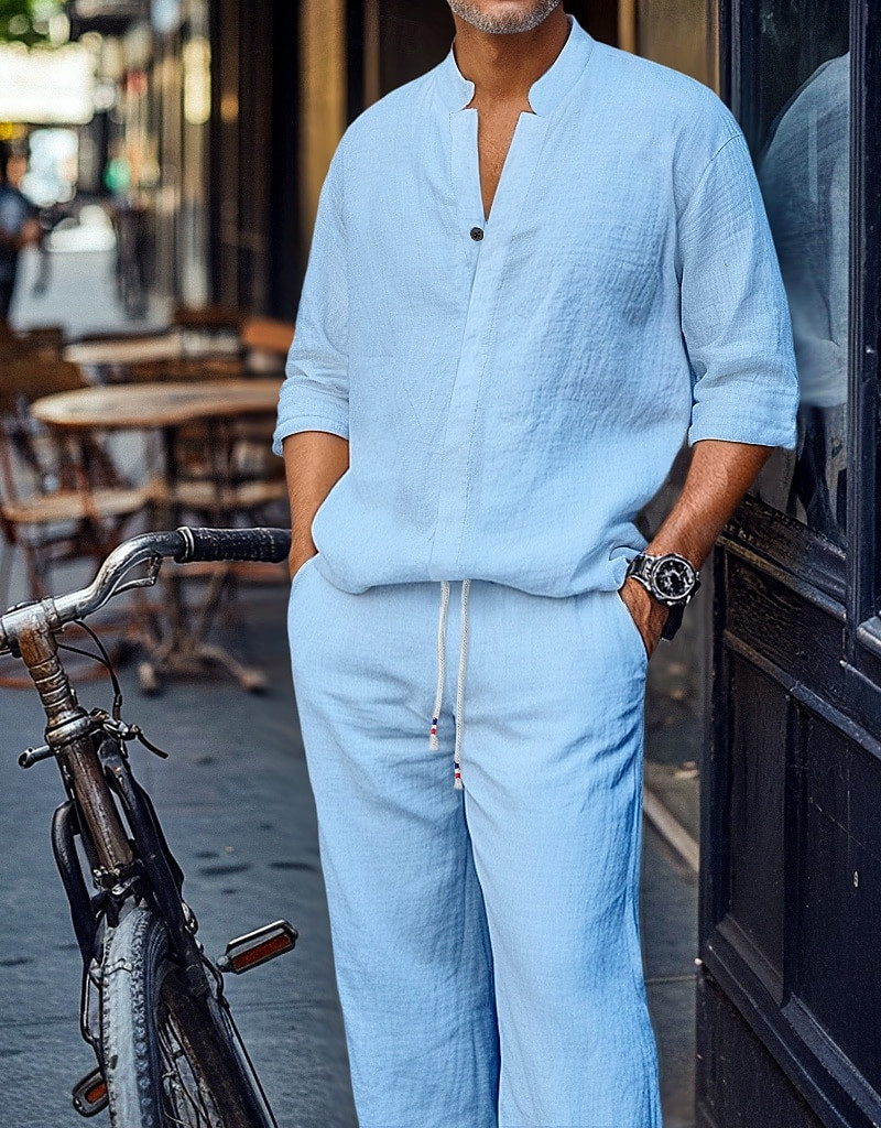 Light Blue Linen-Like Band Collar Shirt and Drawstring Pant Set Light Blue Linen-Like Band Collar Shirt and Drawstring Pant Set — Matching Set Outfits 2027