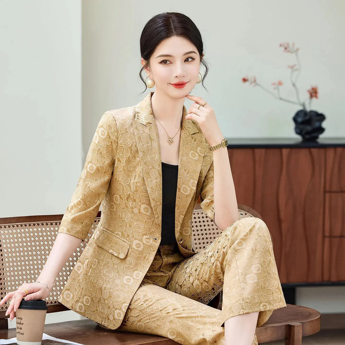 Apricot Lace Suit with Black Tank Top and Gold Jewelry Apricot Lace Suit with Black Tank Top and Gold Jewelry — Savannah Outfits 2027