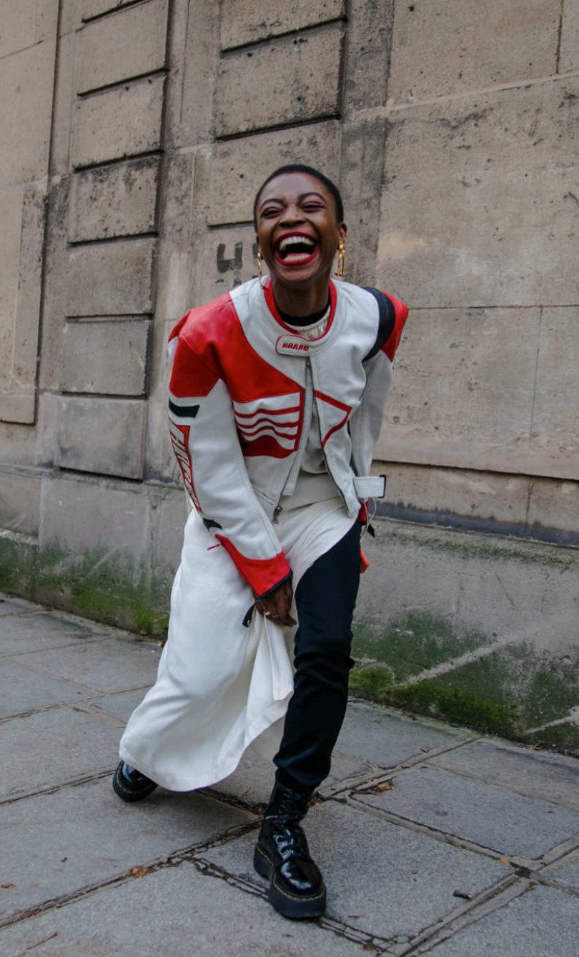 Bold Layers: Moto Jacket with Skirt Overlay and Slim Pants Bold Layers: Moto Jacket with Skirt Overlay and Slim Pants — Scene Outfits 2027