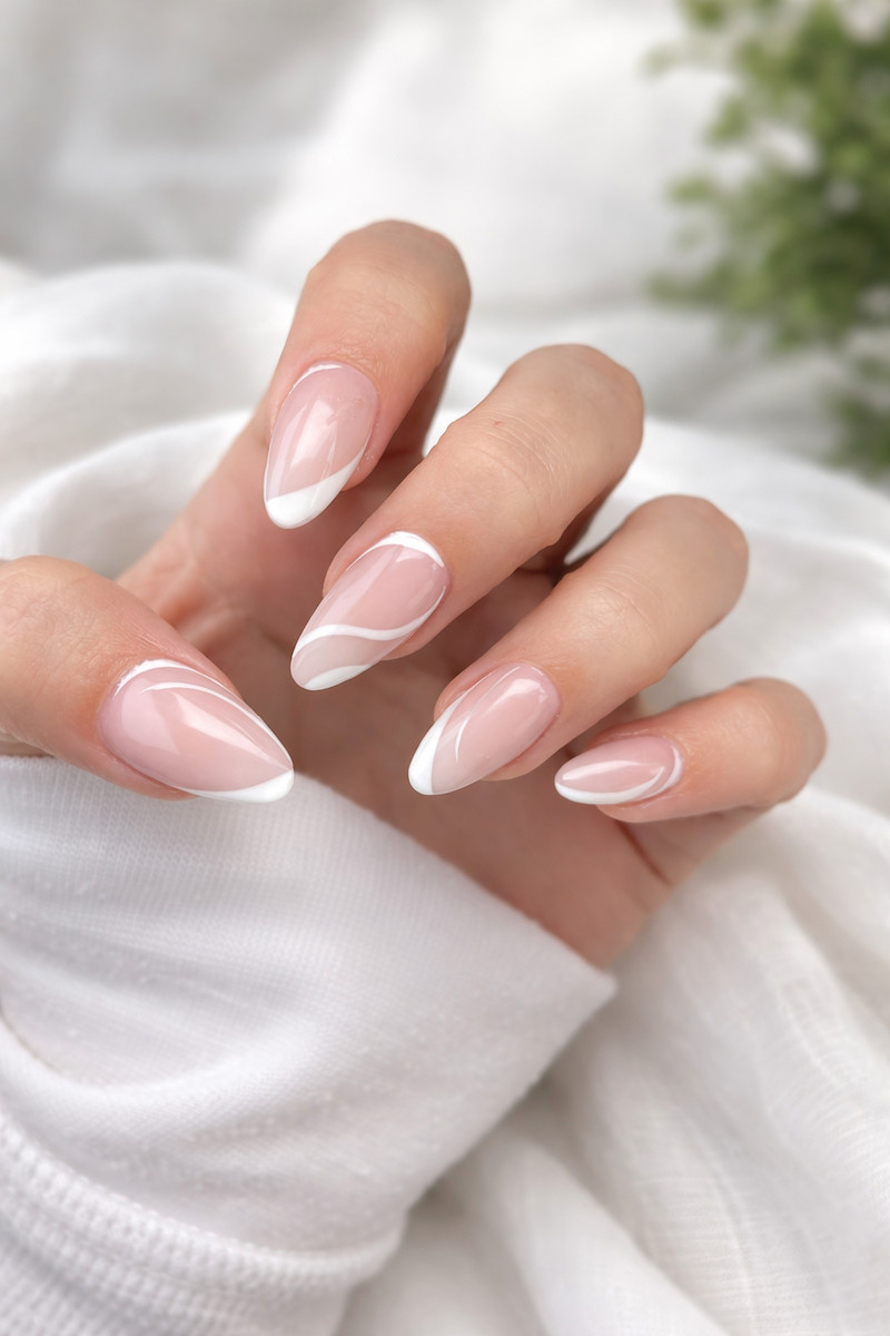 Sheer Pink with Abstract White Lines — Prom Almond Nails 2027