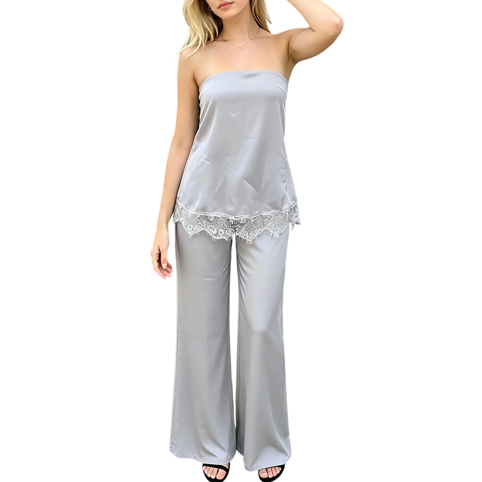 Satin Strapless Top with Lace Trim and Wide-Leg Pants Satin Strapless Top with Lace Trim and Wide-Leg Pants — Tube Top Outfits 2027