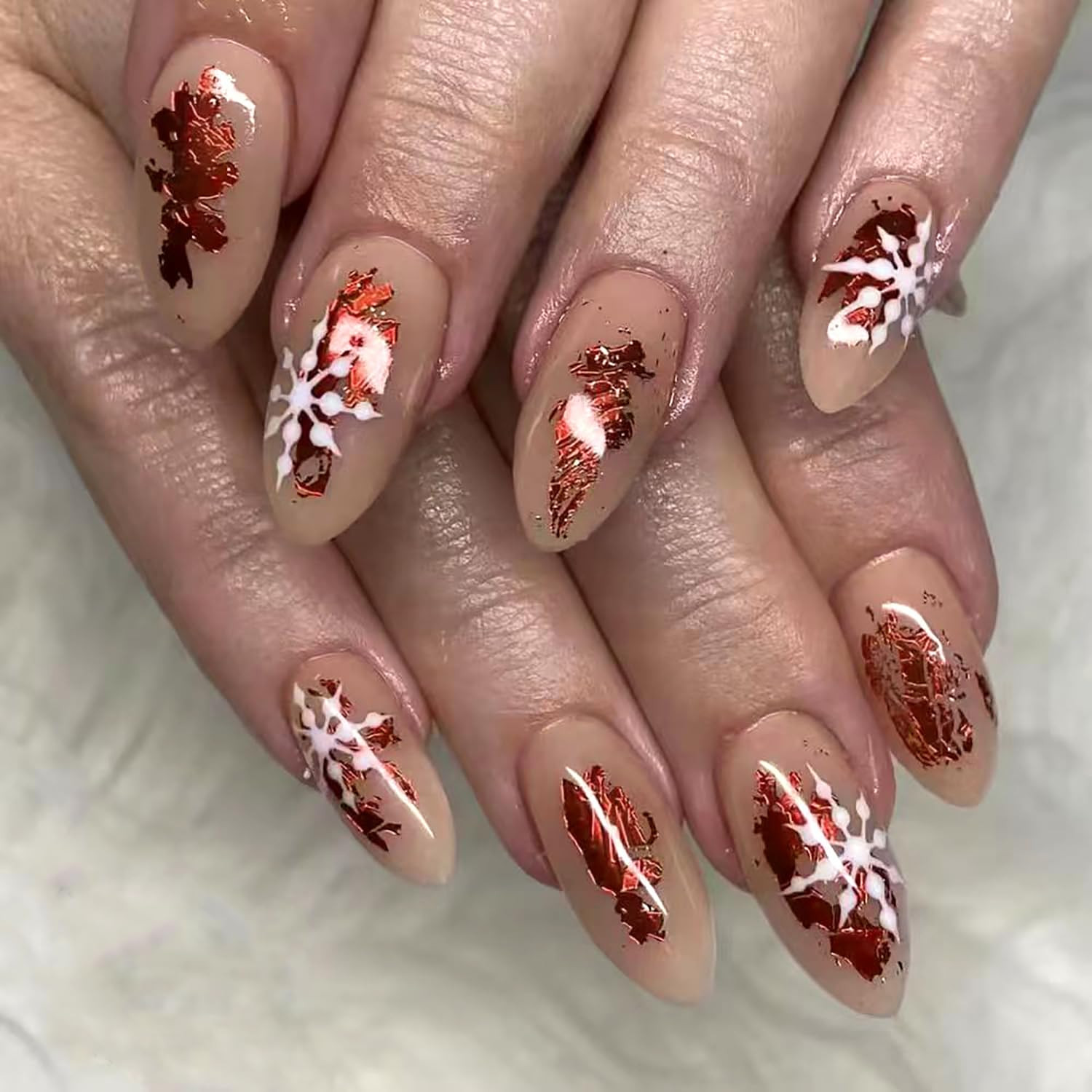 Red Snowflake Foil Accents Visual Idea Red Snowflake Foil Accents Visual Idea — Christmas Almond Nails 2026