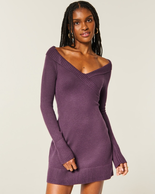 Purple Ribbed Knit Off-the-Shoulder Wrap Dress Purple Ribbed Knit Off-the-Shoulder Wrap Dress — Off the Shoulder Dresses 2027
