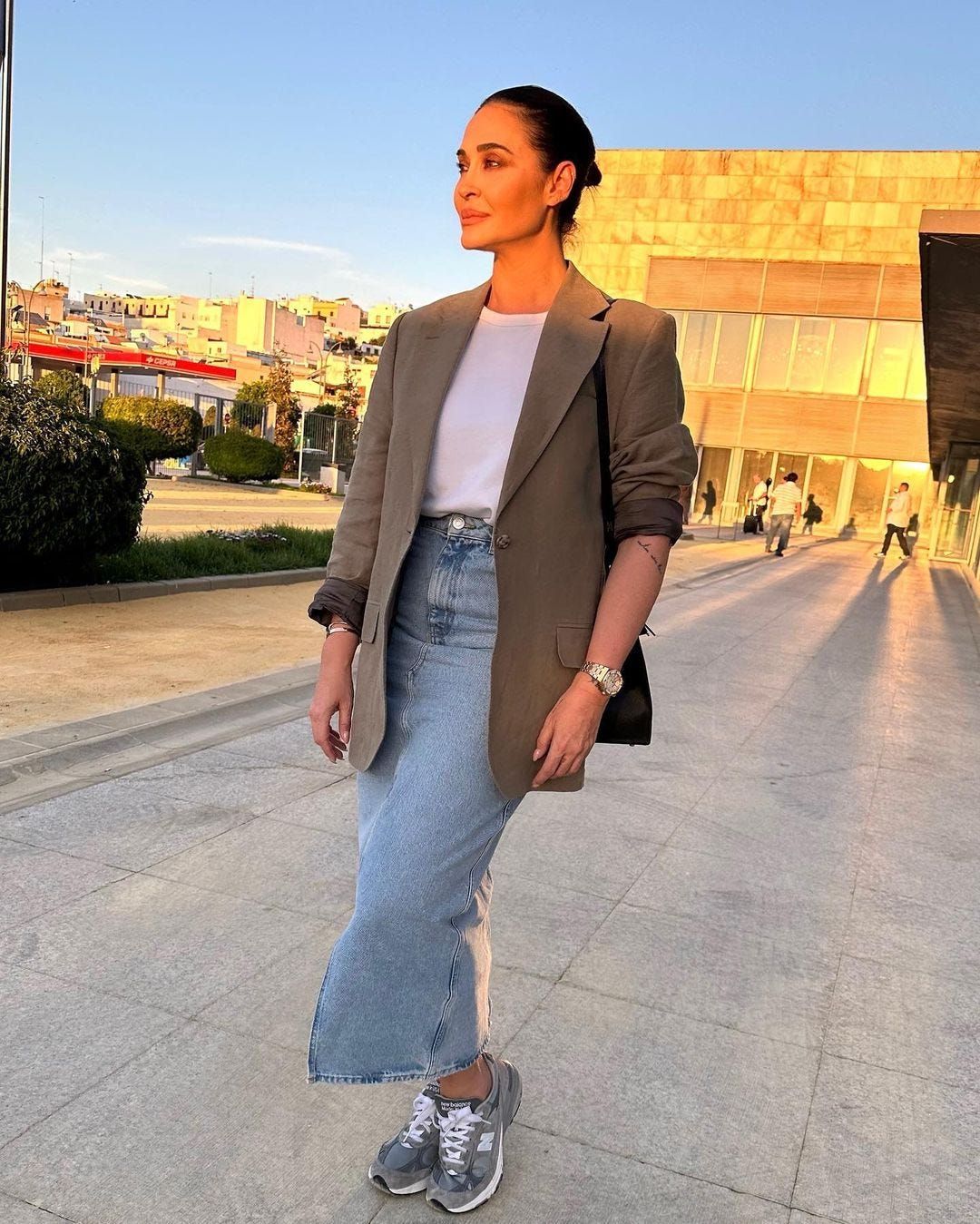 Olive Green Blazer with Denim Midi Skirt Olive Green Blazer with Denim Midi Skirt — New Balance Outfits 2027
