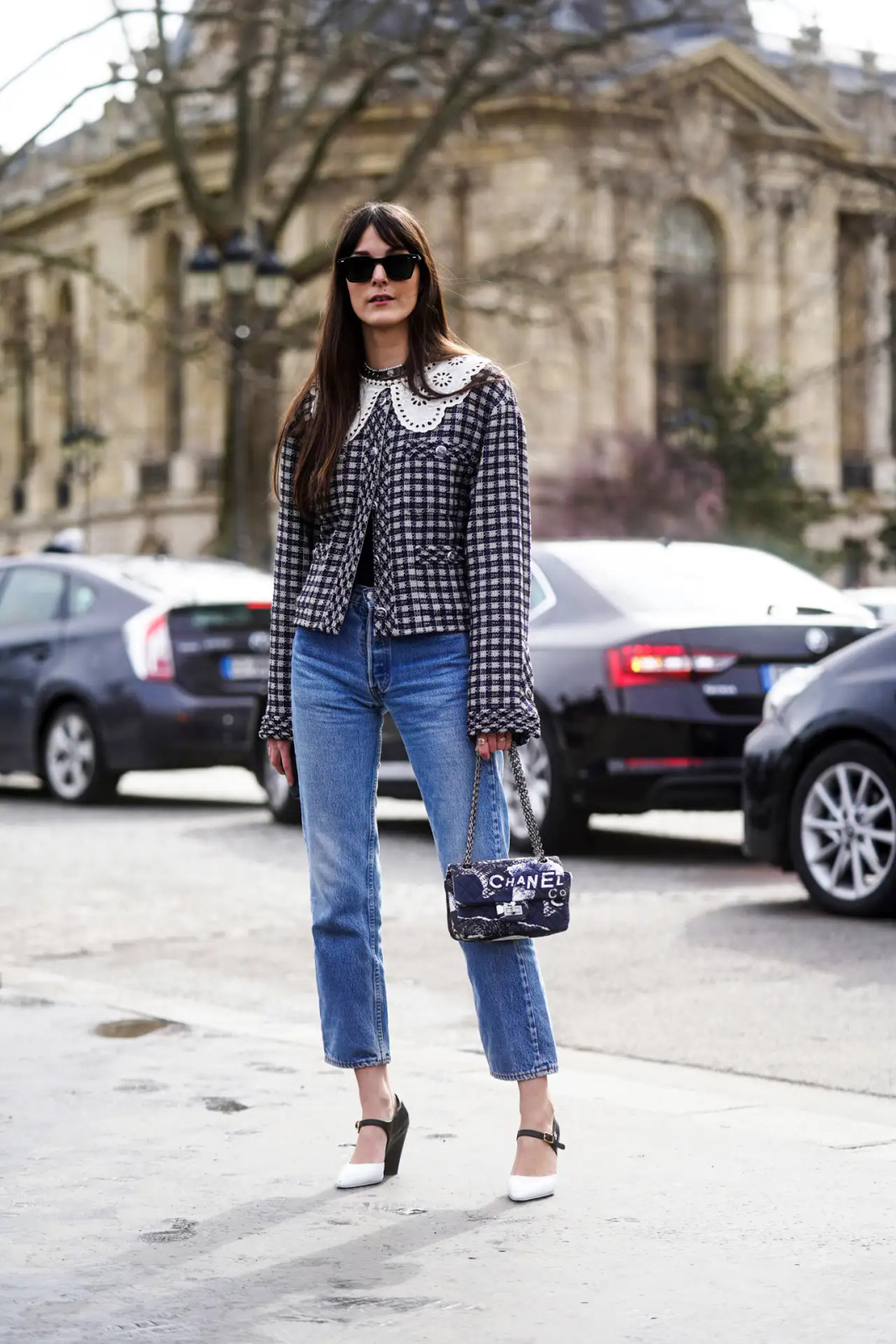 Checked Cropped Jacket with Statement Collar and Straight-Leg Jeans — French Girl Outfits 2027