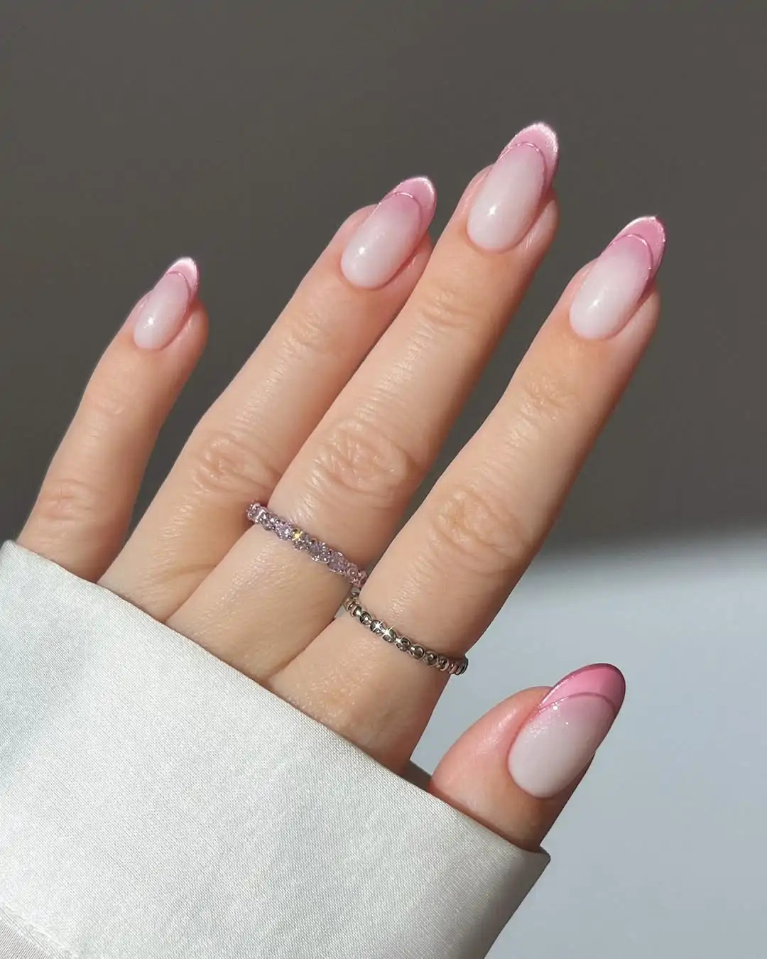 Shimmer Outline Pink French Almonds Shimmer Outline Pink French Almonds — Pink Nails 2027