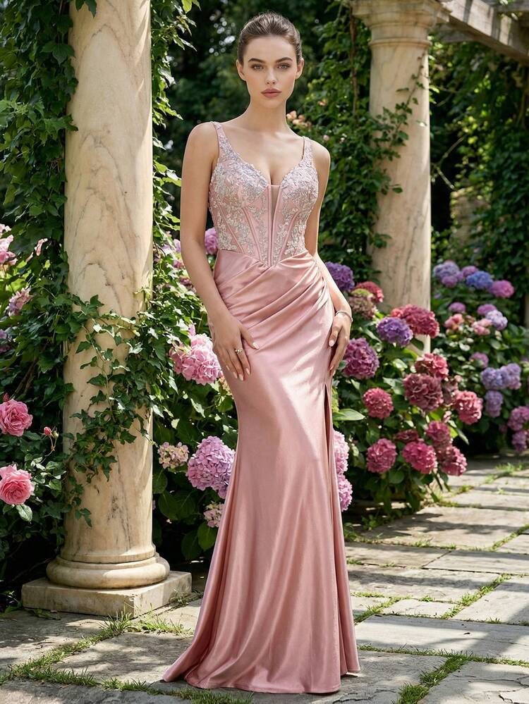 Blush Pink Satin Mermaid Dress with Lace Applique and Ruched Skirt Blush Pink Satin Mermaid Dress with Lace Applique and Ruched Skirt — Satin Prom Dresses 2027