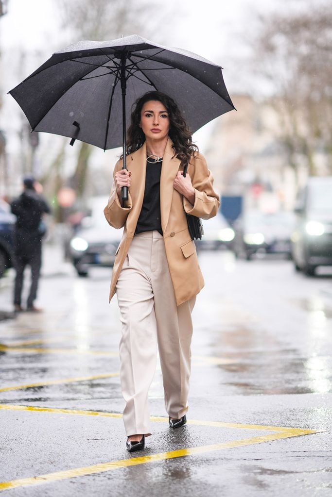 Camel Blazer and Wide-Leg Trousers: Office Ready for Rain Camel Blazer and Wide-Leg Trousers: Office Ready for Rain — Rainy Day Outfits 2027