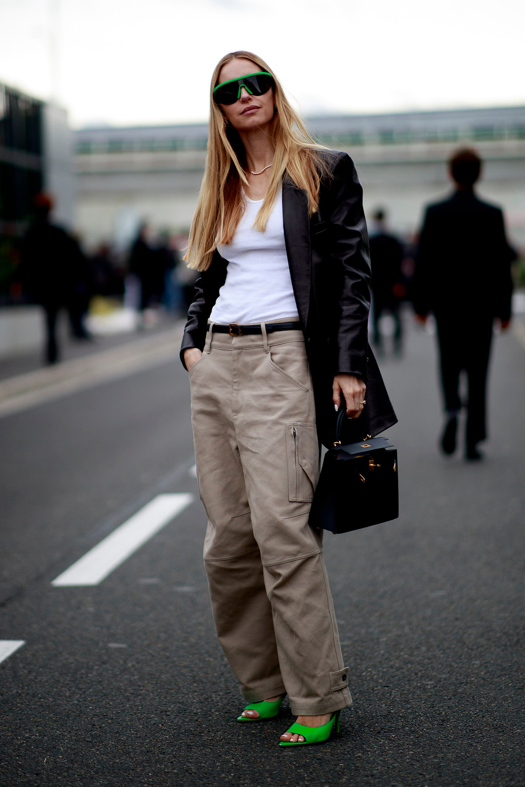 Bold Contrast: Khaki Cargos with a Black Blazer and Green Mules — Spring Capsule Wardrobe 2027