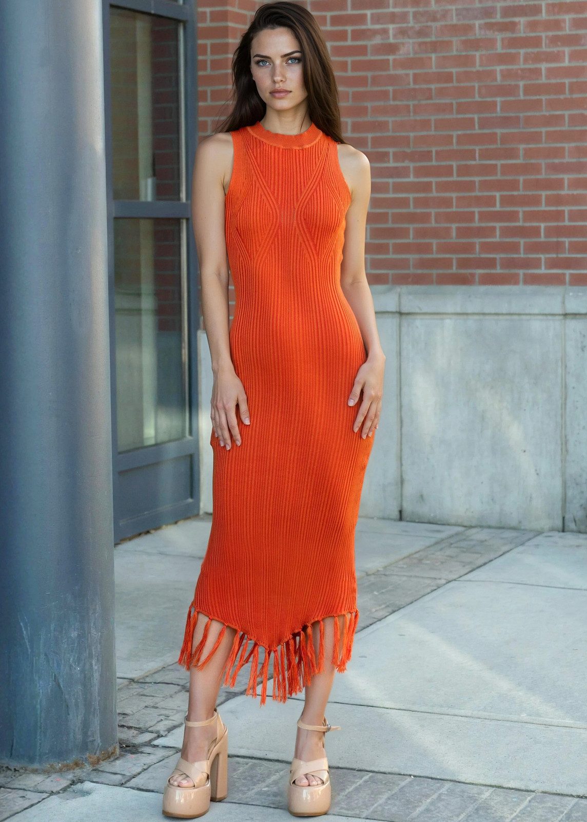 Beige Platform Heeled Sandals Outfit Idea — Fringe Dress 2027