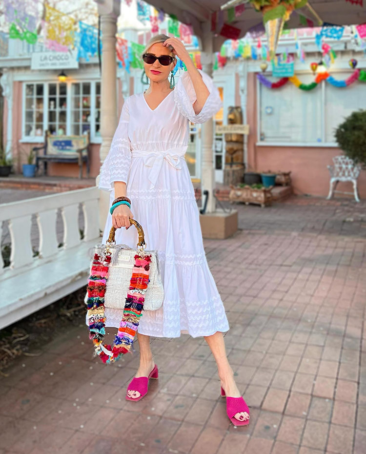 White Tiered Midi Dress with Colorful Woven Bag White Tiered Midi Dress with Colorful Woven Bag — Colorful Summer Outfits 2027