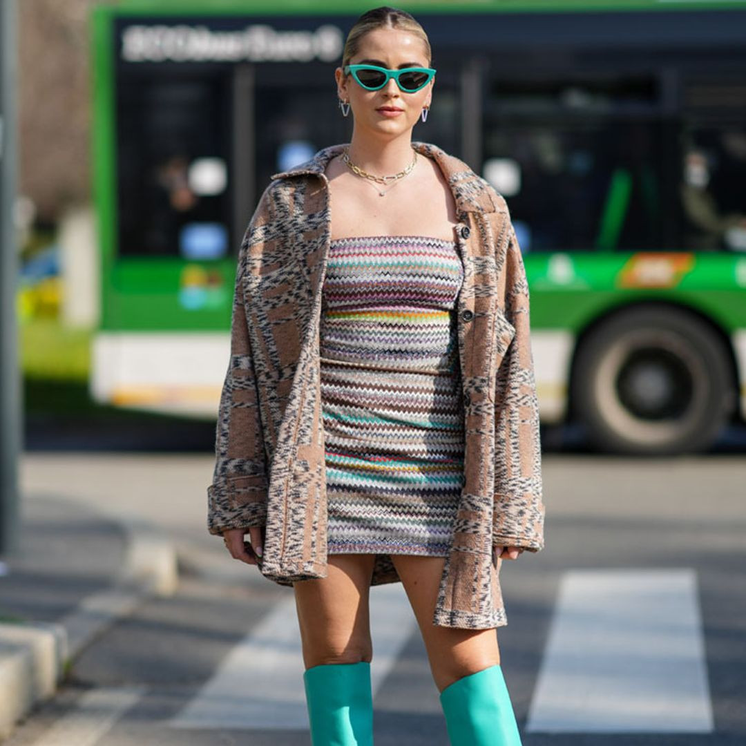 Colorful Zigzag Mini Dress and Oversized Jacket with Teal Knee-High Boots Colorful Zigzag Mini Dress and Oversized Jacket with Teal Knee-High Boots — Knee High Boots Outfits 2027