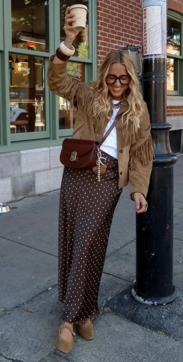 Retro Fringed Suede Jacket with Polka Dot Skirt — Trendy Outfits 2027