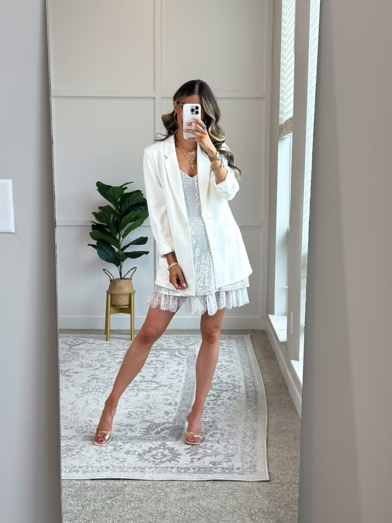 Glamorous Mix: White Blazer Over Sequin Dress for Anniversary Party Glamorous Mix: White Blazer Over Sequin Dress for Anniversary Party — Anniversary Outfits 2027