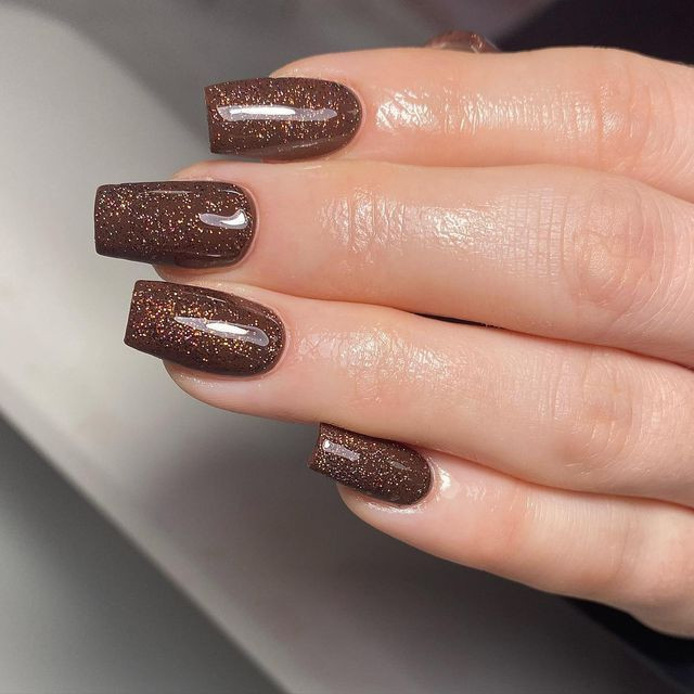 Deep Brown Glitter Short Squares — Espresso Nails 2027