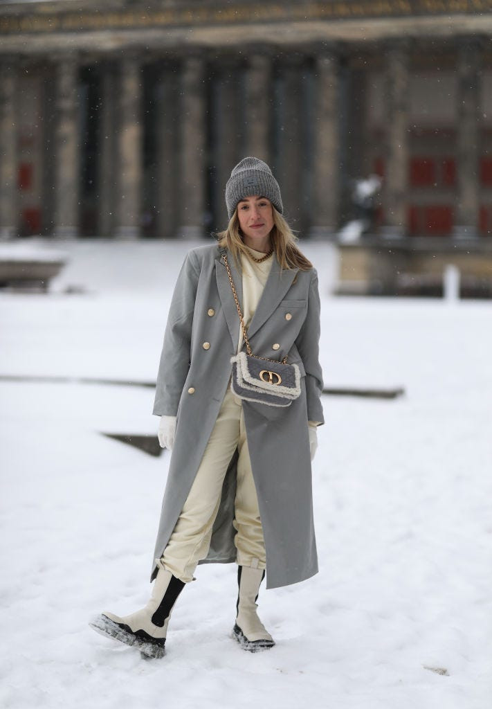 Grey Wool-Blend Coat Over Cream Sweat Set Grey Wool-Blend Coat Over Cream Sweat Set — Apres Ski Outfits 2027